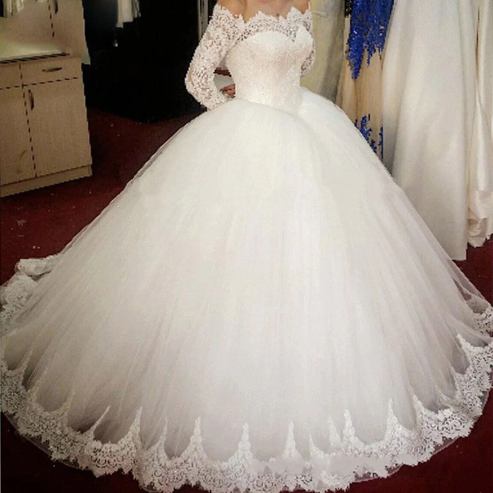 Off shoulder wedding dress ball gown