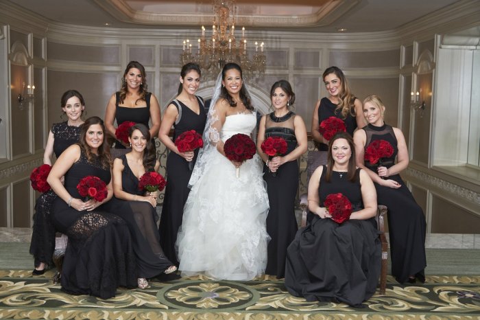 Wedding party with black bridesmaid dresses